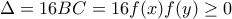 \displaystyle{\Delta =16BC=16f(x)f(y)\ge 0}