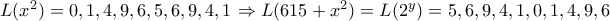 L(x^2)=0,1,4,9,6,5,6,9,4,1\Rightarrow L(615+x^2)=L(2^y)=5,6,9,4,1,0,1,4,9,6