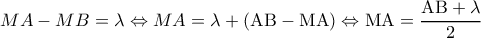 \displaystyle MA - MB = \lambda \Leftrightarrow MA = \lambda + \left( {{\rm A}{\rm B} - {\rm M}{\rm A}} \right) \Leftrightarrow {\rm M}{\rm A} = \frac{{{\rm A}{\rm B} + \lambda }}{2} \displaystyle MA - MB = \lambda \Leftrightarrow MA = \lambda + \left( {{\rm A}{\rm B} - {\rm M}{\rm A}} \right) \Leftrightarrow {\rm M}{\rm A} = \frac{{{\rm A}{\rm B} + \lambda }}{2}