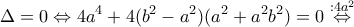 \displaystyle{\Delta=0\Leftrightarrow 4a^4+4(b^2-a^2)(a^2+a^2b^2)=0\overset{:4a^2}\Leftrightarrow} \displaystyle{\Delta=0\Leftrightarrow 4a^4+4(b^2-a^2)(a^2+a^2b^2)=0\overset{:4a^2}\Leftrightarrow}