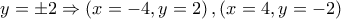 \displaystyle{y =  \pm 2 \Rightarrow \left( {x =  - 4,y = 2} \right),\left( {x = 4,y =  - 2} \right)}