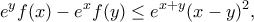 \displaystyle{ 
e^y f(x) - e^x f(y) \le e^{x + y} (x - y)^2  
, \ }