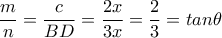 \dfrac{m}{n} = \dfrac{c}{BD}= \dfrac{2x}{3x}= \dfrac{2}{3}=tan \theta \dfrac{m}{n} = \dfrac{c}{BD}= \dfrac{2x}{3x}= \dfrac{2}{3}=tan \theta