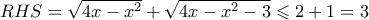 RHS=\sqrt{4x-x^2}+\sqrt{4x-x^2-3} \leqslant 2+1=3