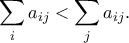 \displaystyle{ 
\sum_{i}a_{ij} < \sum_{j}a_{ij}. 
}