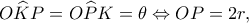 \displaystyle O\widehat KP = O\widehat PK = \theta  \Leftrightarrow OP = 2r,