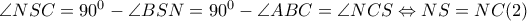 \angle NSC=90^{0}-\angle BSN=90^{0}-\angle ABC=\angle NCS\Leftrightarrow NS=NC(2) \angle NSC=90^{0}-\angle BSN=90^{0}-\angle ABC=\angle NCS\Leftrightarrow NS=NC(2)
