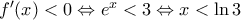 {f}'(x)<0\Leftrightarrow {{e}^{x}}<3\Leftrightarrow x<\ln 3