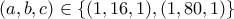 \displaystyle{(a,b,c)\in\{(1,16,1),(1,80,1)\}} \displaystyle{(a,b,c)\in\{(1,16,1),(1,80,1)\}}