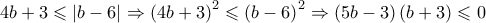 \displaystyle{ 4b+3\leqslant \left| b-6 \right|\Rightarrow \left( 4b+3 \right) ^2\leqslant \left( b-6 \right) ^2\Rightarrow \left( 5b-3 \right) \left( b+3 \right) \leqslant 0
} \displaystyle{ 4b+3\leqslant \left| b-6 \right|\Rightarrow \left( 4b+3 \right) ^2\leqslant \left( b-6 \right) ^2\Rightarrow \left( 5b-3 \right) \left( b+3 \right) \leqslant 0
}