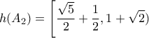 \displaystyle{h(A_2)=\left[\frac{\sqrt{5}}{2}+\frac{1}{2},1+\sqrt{2})}