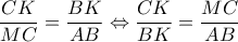  \displaystyle \frac{{CK}}{{MC}} = \frac{{BK}}{{AB}} \Leftrightarrow \frac{{CK}}{{BK}} = \frac{{MC}}{{AB}}