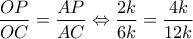 \dfrac{{OP}}{{OC}} = \dfrac{{AP}}{{AC}} \Leftrightarrow \dfrac{{2k}}{{6k}} = \dfrac{{4k}}{{12k}}