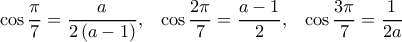  \displaystyle \cos \frac{\pi }{7} = \frac{a}{{2\left( {a - 1} \right)}},\;\;\;\cos \frac{{2\pi }}{7} = \frac{{a - 1}}{2},\;\;\;\cos \frac{{3\pi }}{7} = \frac{1}{{2a}}