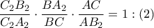 \dfrac{{{C}_{2}}{{B}_{2}}}{{{C}_{2}}{{A}_{2}}}\cdot \dfrac{B{{A}_{2}}}{BC}\cdot \dfrac{AC}{A{{B}_{2}}}=1:\left( 2 \right)