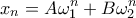 \displaystyle{{x_n} = A \omega _1^n + B \omega _2^n}