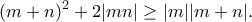 \displaystyle{(m+n)^2+2|mn|\geq |m||m+n|.} \displaystyle{(m+n)^2+2|mn|\geq |m||m+n|.}