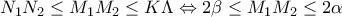 N_{1}N_{2}\leq M_{1}M_{2}\leq K\Lambda \Leftrightarrow 2\beta \leq M_{1}M_{2}\leq 2\alpha
