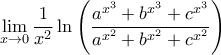 \displaystyle \lim_{x\rightarrow 0}\frac{1}{x^{2}}\ln\left(\frac{a^{x^3}+b^{x^3}+c^{x^3}}{a^{x^2}+b^{x^2}+c^{x^2}} \right)