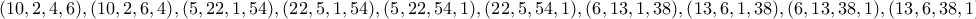 \displaystyle{(10,2,4,6),(10,2,6,4),(5,22,1,54),(22,5,1,54),(5,22,54,1),(22,5,54,1),(6,13,1,38),(13,6,1,38),(6,13,38,1),(13,6,38,1),}