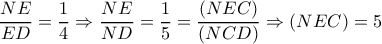 \dfrac{NE}{ED} = \dfrac{1}{4} \Rightarrow  \dfrac{NE}{ND}= \dfrac{1}{5}= \dfrac{(NEC)}{(NCD)}    \Rightarrow (NEC)=5 