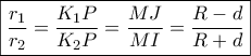 \boxed{\frac{{{r_1}}}{{{r_2}}} = \frac{{{K_1}P}}{{{K_2}P}} = \frac{{MJ}}{{MI}} = \frac{{R - d}}{{R + d}}}
