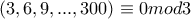 (3,6,9,...,300) \equiv0mod3