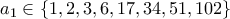 a_1 \in \{1,2,3,6,17,34,51,102\}