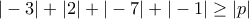 |-3|+|2|+|-7|+|-1|\geq |p|