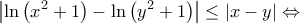\displaystyle{\left | \ln \left ( x^{2}+1 \right )-\ln\left ( y^{2}+1 \right ) \right |\leq \left | x-y \right |\Leftrightarrow } \displaystyle{\left | \ln \left ( x^{2}+1 \right )-\ln\left ( y^{2}+1 \right ) \right |\leq \left | x-y \right |\Leftrightarrow }