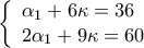 \displaystyle \left\{ \begin{array}{l} 
{\alpha _1} + 6\kappa  = 36\\ 
2{\alpha _1} + 9\kappa  = 60 
\end{array} \right.