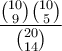 \displaystyle{ \frac{\binom{10}{9}\binom{10}{5}}{\binom{20}{14}}}