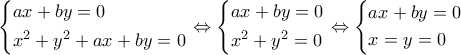 \left\{ \begin{gathered} 
  ax + by = 0 \hfill \\ 
  {x^2} + {y^2} + ax + by = 0 \hfill \\  
\end{gathered}  \right. \Leftrightarrow \left\{ \begin{gathered} 
  ax + by = 0 \hfill \\ 
  {x^2} + {y^2} = 0 \hfill \\  
\end{gathered}  \right. \Leftrightarrow \left\{ \begin{gathered} 
  ax + by = 0 \hfill \\ 
  x = y = 0 \hfill \\  
\end{gathered}  \right.