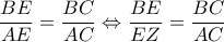 \displaystyle \frac{{BE}}{{AE}} = \frac{{BC}}{{AC}} \Leftrightarrow \frac{{BE}}{{EZ}} = \frac{{BC}}{{AC}}