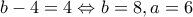 b-4=4 \Leftrightarrow b=8,a=6