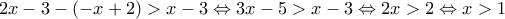 \displaystyle{2x-3-\left ( -x+2 \right )>x-3\Leftrightarrow 3x-5>x-3\Leftrightarrow 2x>2\Leftrightarrow x>1}