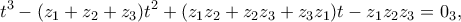 \displaystyle{ 
t^3  - (z_1  + z_2  + z_3 )t^2  + (z_1 z_2  + z_2 z_3  + z_3 z_1 )t - z_1 z_2 z_3  = 0_3 , 
}