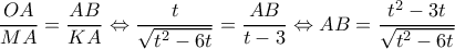  \displaystyle \frac{{OA}}{{MA}} = \frac{{AB}}{{KA}} \Leftrightarrow \frac{t}{{\sqrt {{t^2} - 6t} }} = \frac{{AB}}{{t - 3}} \Leftrightarrow AB = \frac{{{t^2} - 3t}}{{\sqrt {{t^2} - 6t} }}