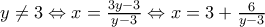 y\neq 3\Leftrightarrow x=\frac{3y-3}{y-3}\Leftrightarrow x=3+\frac{6}{y-3}