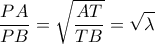 \displaystyle \frac{{PA}}{{PB}} = \sqrt {\frac{{AT}}{{TB}}} = \sqrt \lambda \displaystyle \frac{{PA}}{{PB}} = \sqrt {\frac{{AT}}{{TB}}} = \sqrt \lambda