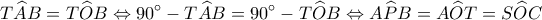 \displaystyle T\widehat AB = T\widehat OB \Leftrightarrow 90^\circ  - T\widehat AB = 90^\circ  - T\widehat OB \Leftrightarrow A\widehat PB = A\widehat OT = S\widehat OC