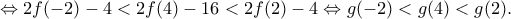 \displaystyle{\Leftrightarrow 2f(-2)-4<2f(4)-16<2f(2)-4 \Leftrightarrow g(-2)<g(4)<g(2).} \displaystyle{\Leftrightarrow 2f(-2)-4<2f(4)-16<2f(2)-4 \Leftrightarrow g(-2)<g(4)<g(2).}