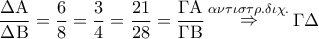 \displaystyle{ 
\frac{{\Delta {\rm A}}} 
{{\Delta {\rm B}}} = \frac{6} 
{8} = \frac{3} 
{4} = \frac{{21}} 
{{28}} = \frac{{\Gamma {\rm A}}} 
{{\Gamma {\rm B}}}\mathop  \Rightarrow \limits^{\alpha \nu \tau \iota \sigma \tau \rho .\delta \iota \chi .} \Gamma \Delta  
}