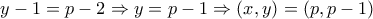 y-1=p-2 \Rightarrow y=p-1 \Rightarrow (x,y)=(p,p-1)