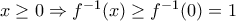 x\ge 0\Rightarrow f^{-1}(x)\geq f^{-1}(0)=1