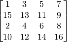 \displaystyle{ \begin{bmatrix} 
 1&3  &5  &7 \\  
 15&13  &11  &9 \\  
 2& 4 & 6 &8 \\  
10 &12  &14  &16  
\end{bmatrix}}
