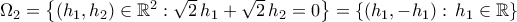 \Omega_2=\left\{{({h_1,h_2})\in{\mathbb{R}}^2:\sqrt{2}\,{h_1}+\sqrt{2}\,{h_2}=0}\right\}=\left\{{\left({h_1,-h_1}\right):\,h_1\in\mathbb{R}}\right\}