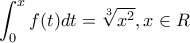 \displaystyle{\int_{0}^{x}f(t)dt=\sqrt[3]{x^2},x\in R}