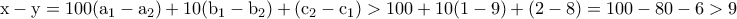\rm x-y=100(a_1-a_2)+10(b_1-b_2)+(c_2-c_1)> 100+10(1-9)+(2-8)=100-80-6>9