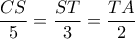 \displaystyle \frac{{CS}}{5} = \frac{{ST}}{3} = \frac{{TA}}{2}